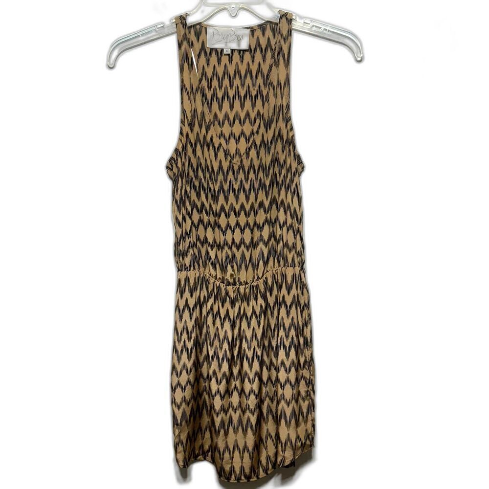 Rory Beca Silk Dress Womens sz Small Drop Waist Tan Black Flowy Sleeveless
